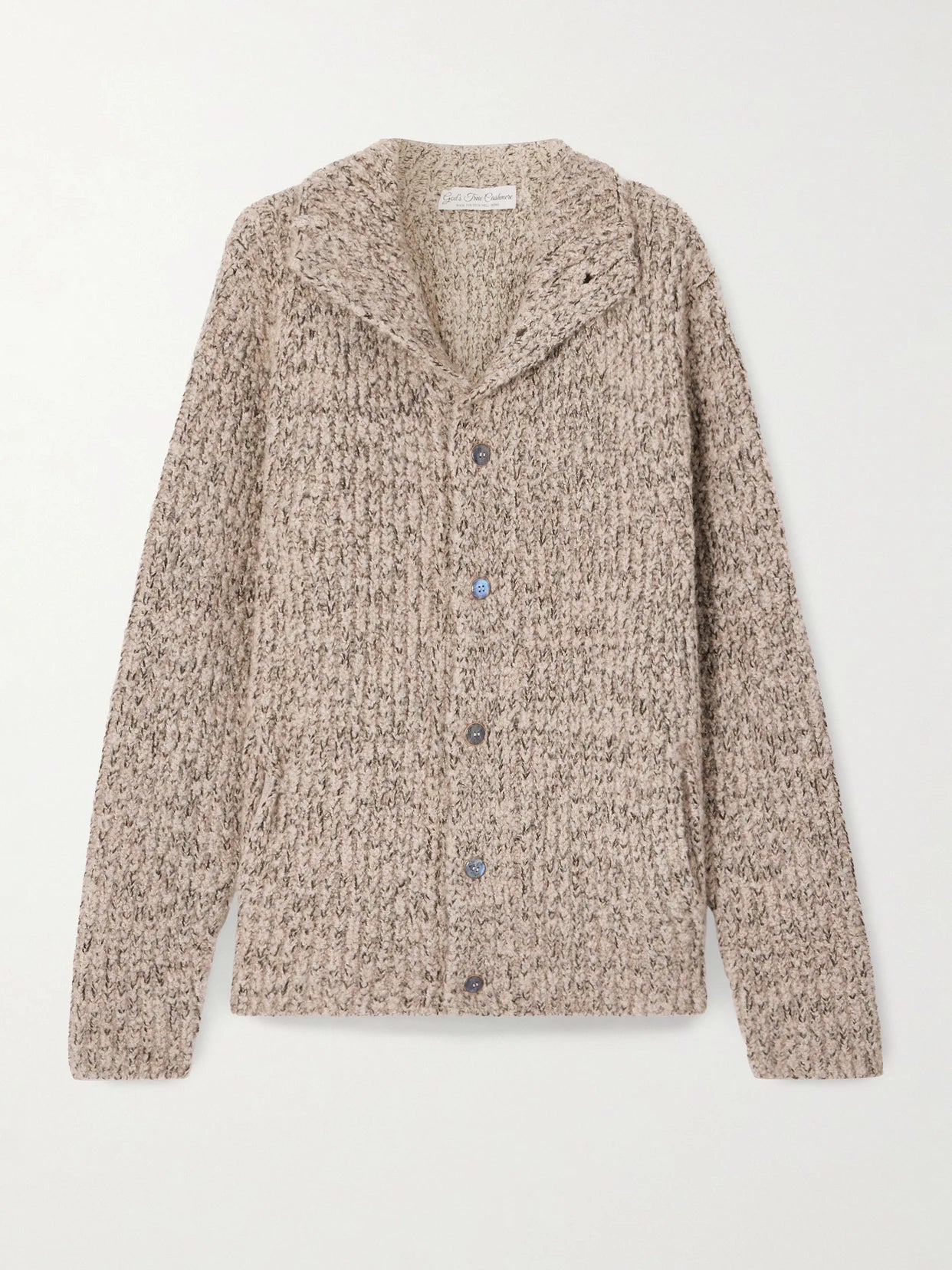 Image of a model wearing Outerwear. Product name - Cashmere Cardigan in Taupe colour by brand - God's True Cashmere