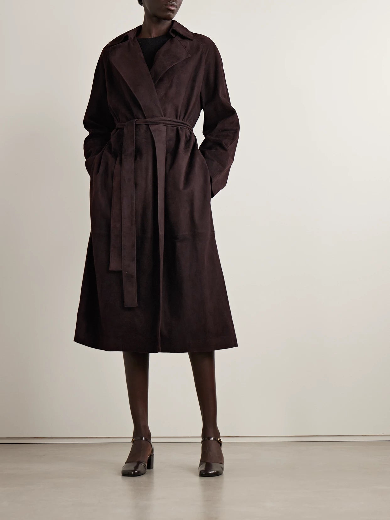 Image of Coats & Jackets. Product name - Solana Suede Trench Coat in Dark brown colour by brand - The Row