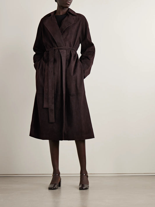 Image of Coats & Jackets. Product name - Solana Suede Trench Coat in Dark brown colour by brand - The Row