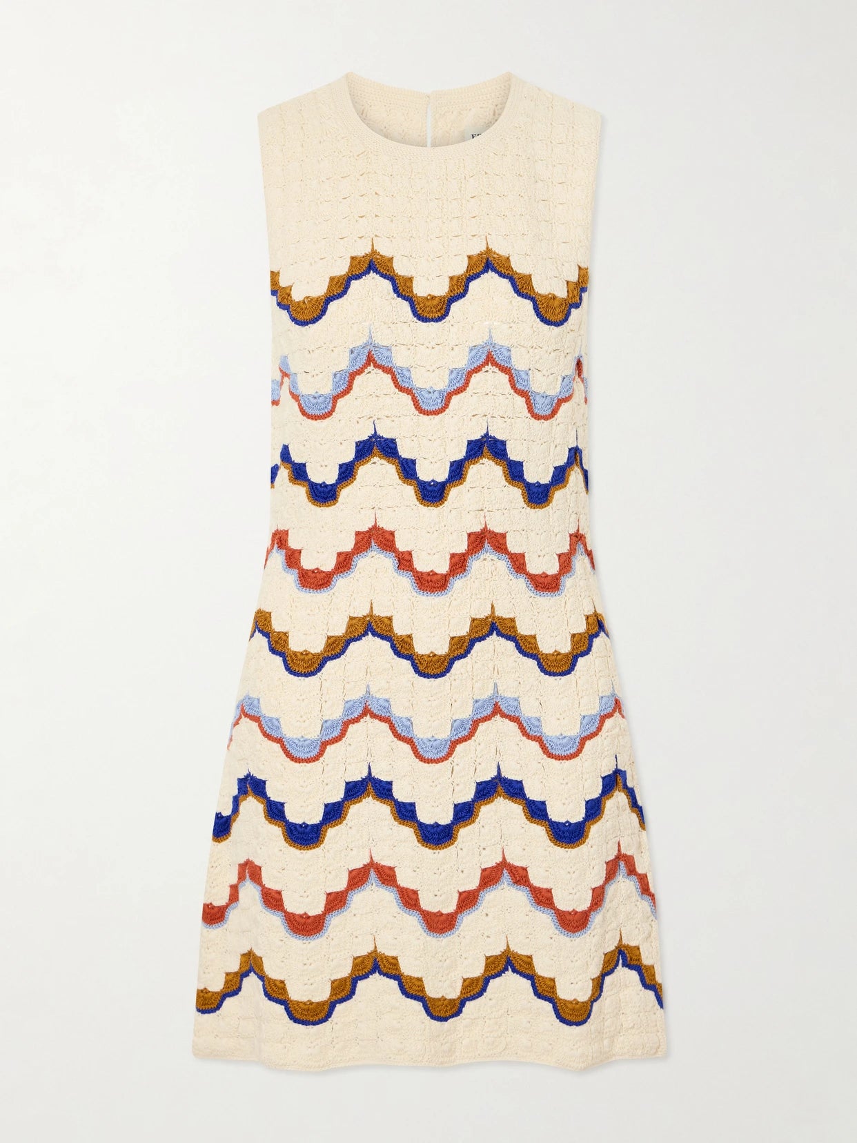 Image of Dresses. Product name - Alma Striped Crocheted Cotton Mini Dress in Ivory colour by brand - ESCVDO