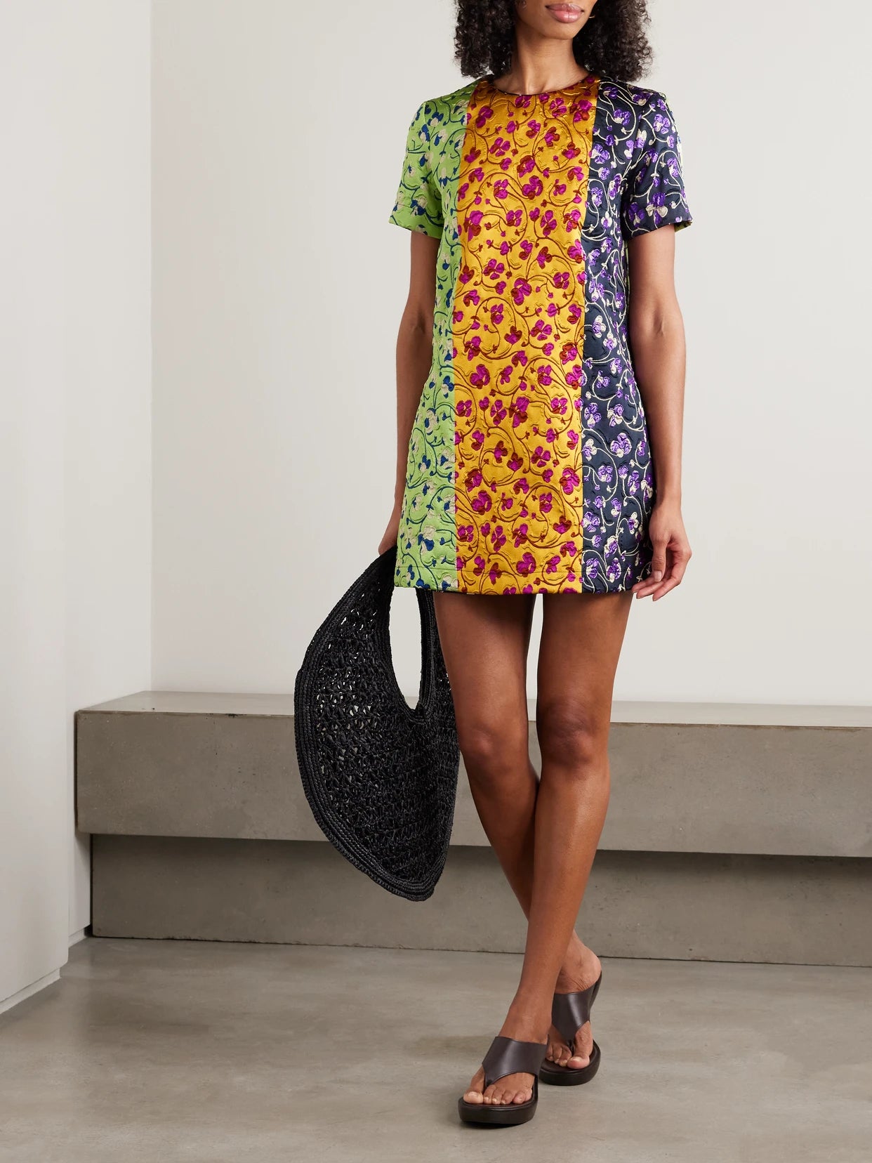 Image of Dresses. Product name - Paneled Embroidered Cloque Mini Dress in Multi colour by brand - La DoubleJ