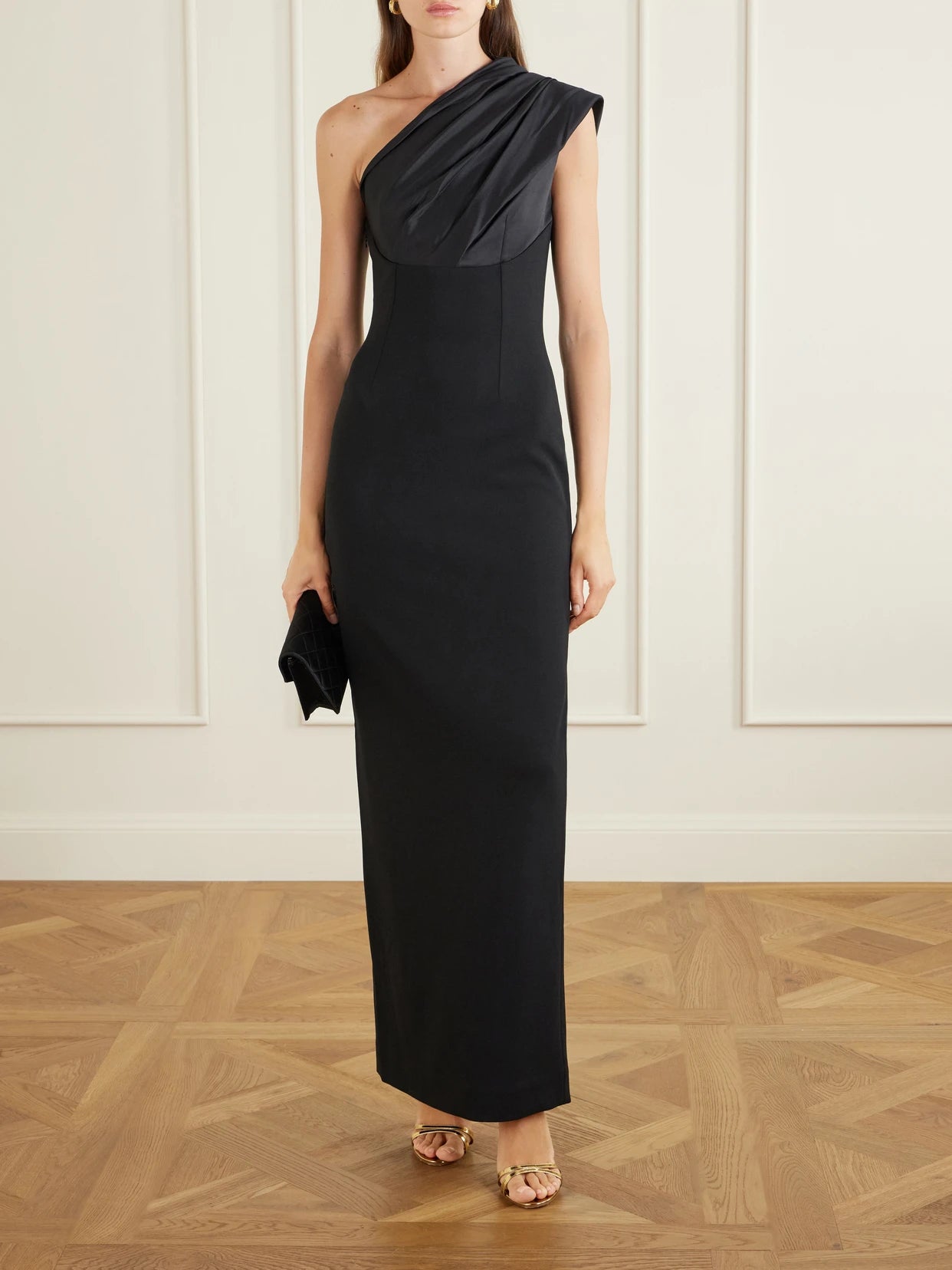 Image of Dresses. Product name - Gracie One-shoulder Pleated Satin Gown in Black colour by brand - Solace London