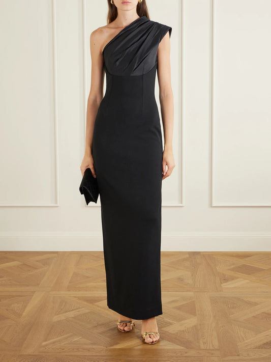 Image of Dresses. Product name - Gracie One-shoulder Pleated Satin Gown in Black colour by brand - Solace London
