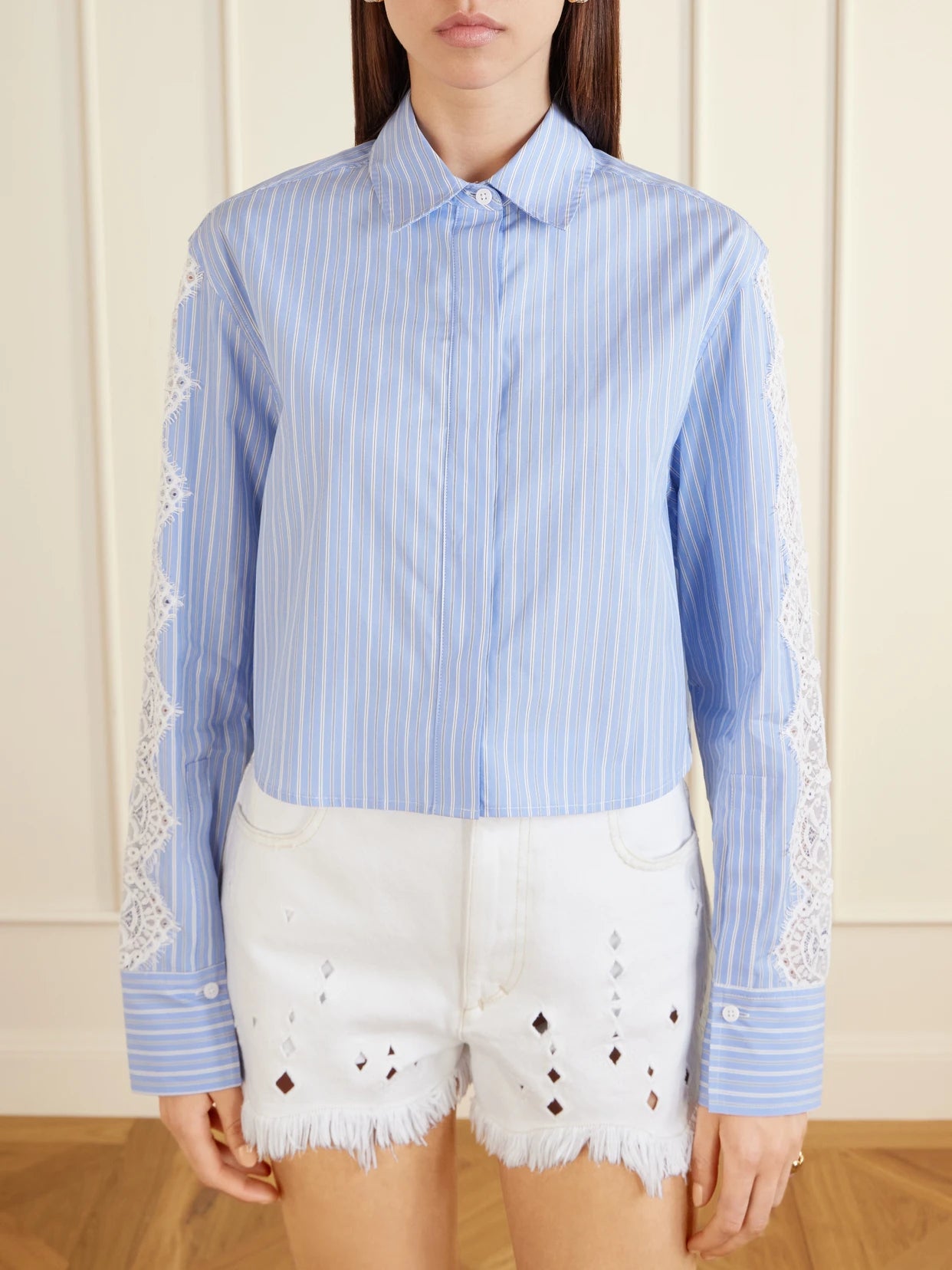 Renata Cropped Lace-trimmed Striped Cotton-poplin Shirt