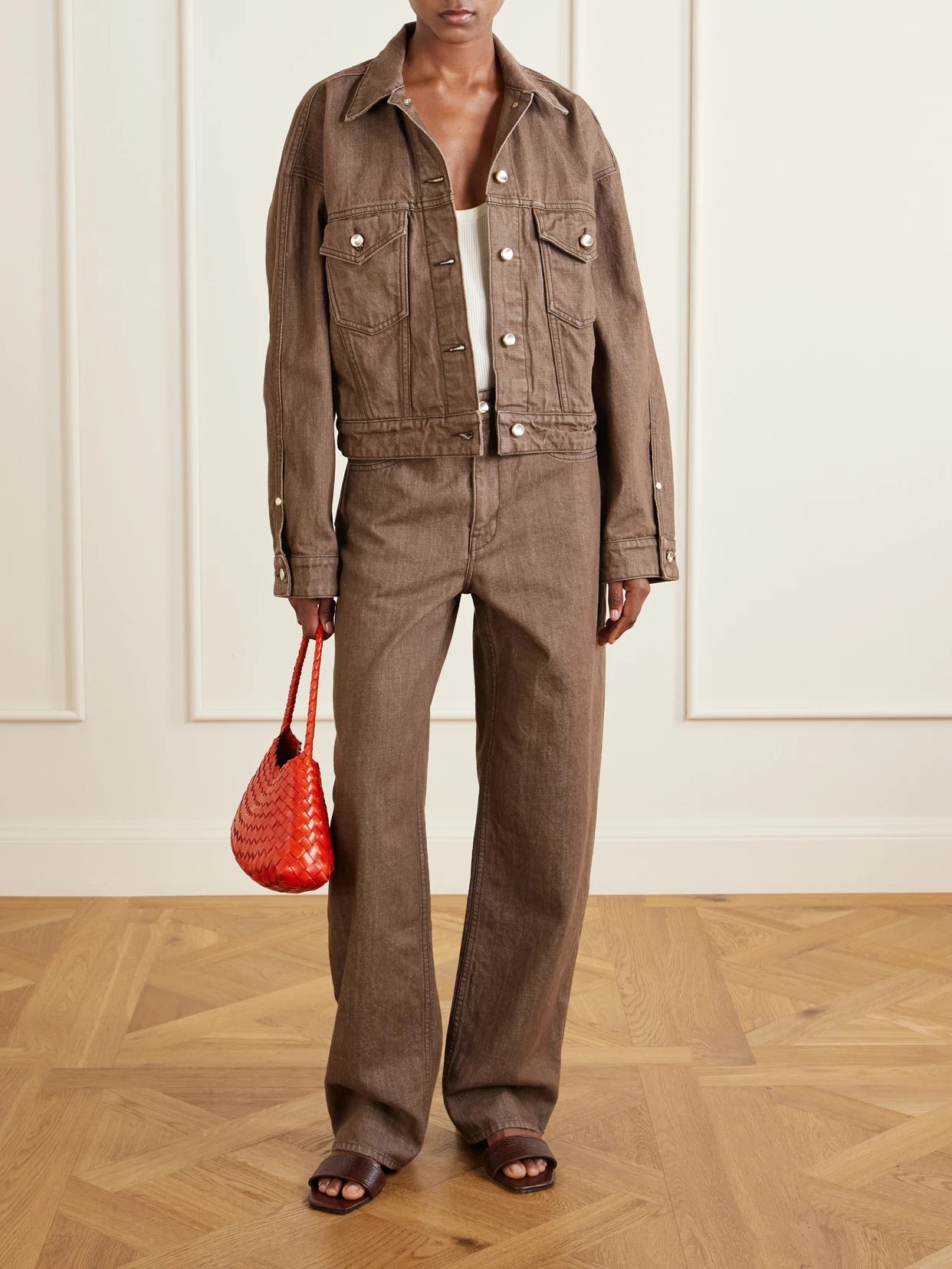 Image of Jeans. Product name - Rider Low-rise Boyfriend Jeans in Brown colour by brand - OSSOU
