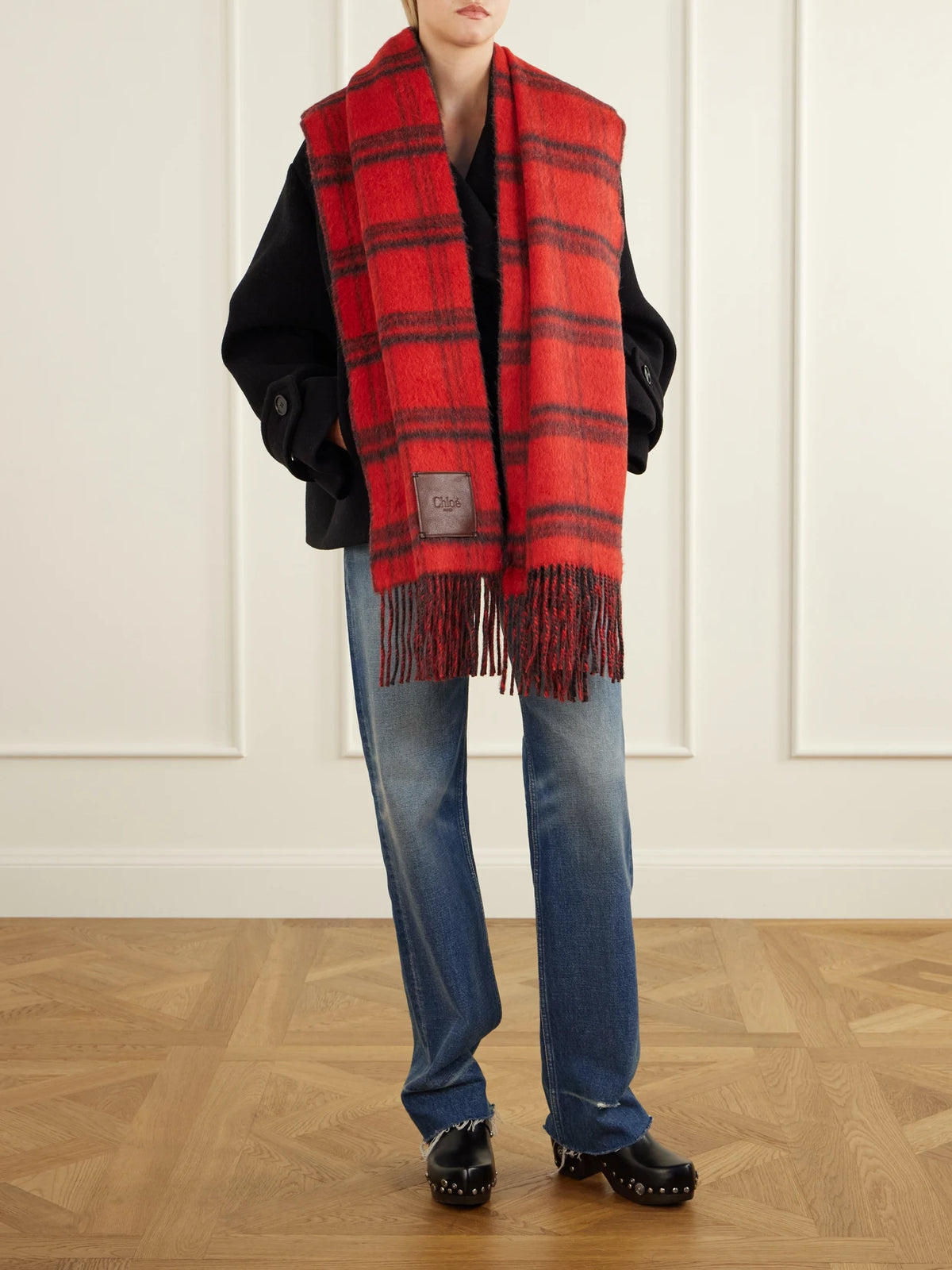 Image of Scarves & Shawls. Product name - Logo-debossed Fringed Checked Leather-trimmed Alpaca And Wool-blend Scarf in Red colour by brand - Chloé