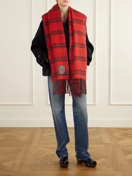 Image of Scarves & Shawls. Product name - Logo-debossed Fringed Checked Leather-trimmed Alpaca And Wool-blend Scarf in Red colour by brand - Chloé