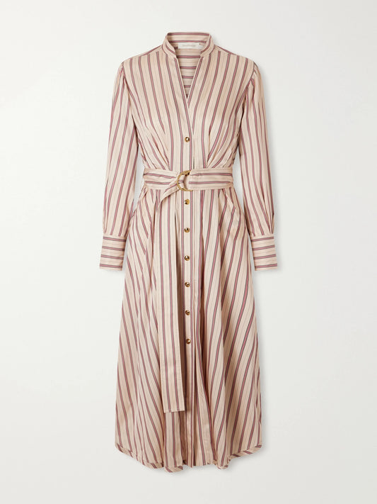 Zimmermann Valiant Belted Striped Satin Midi Dress