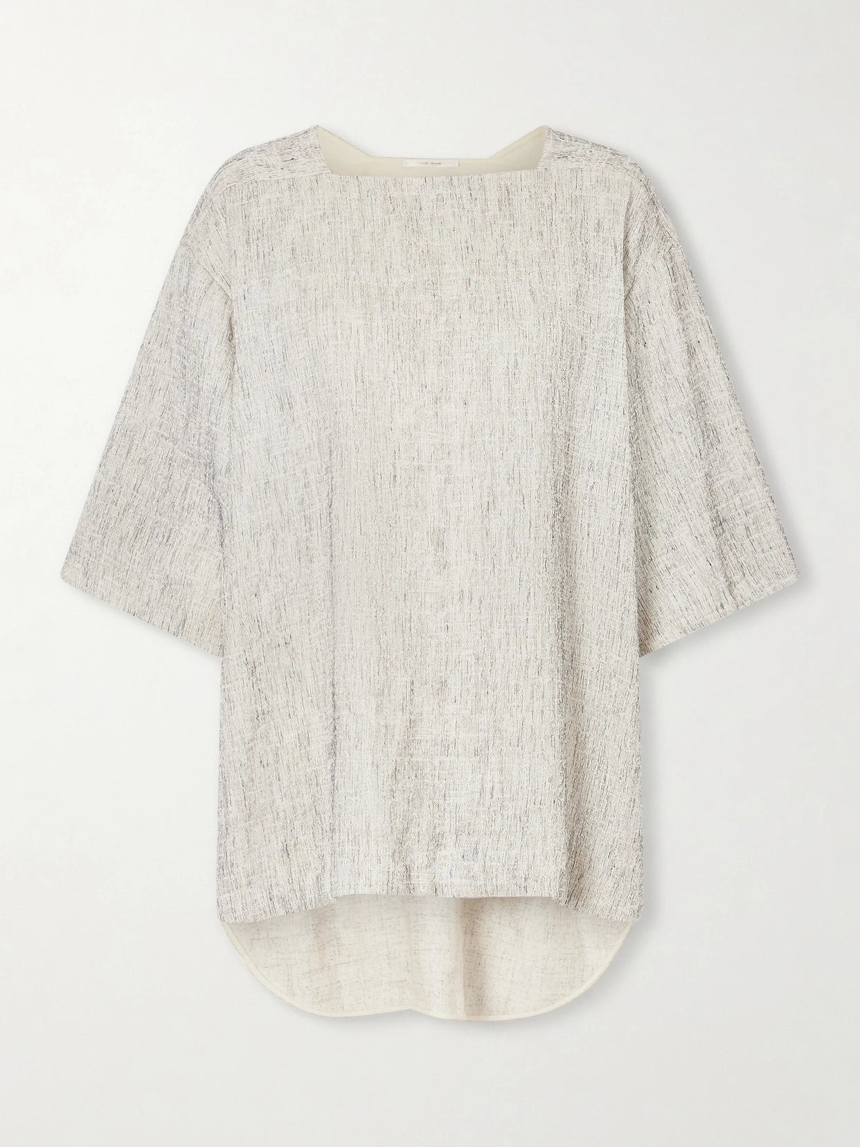 Image of a model wearing Tops. Product name - Hamza Oversized Linen And Silk-blend Top in Gray colour by brand - The Row