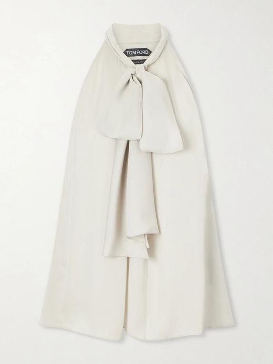 Image of a model wearing Tops. Product name - Halterneck Silk-georgette Blouse in Off-white colour by brand - TOM FORD