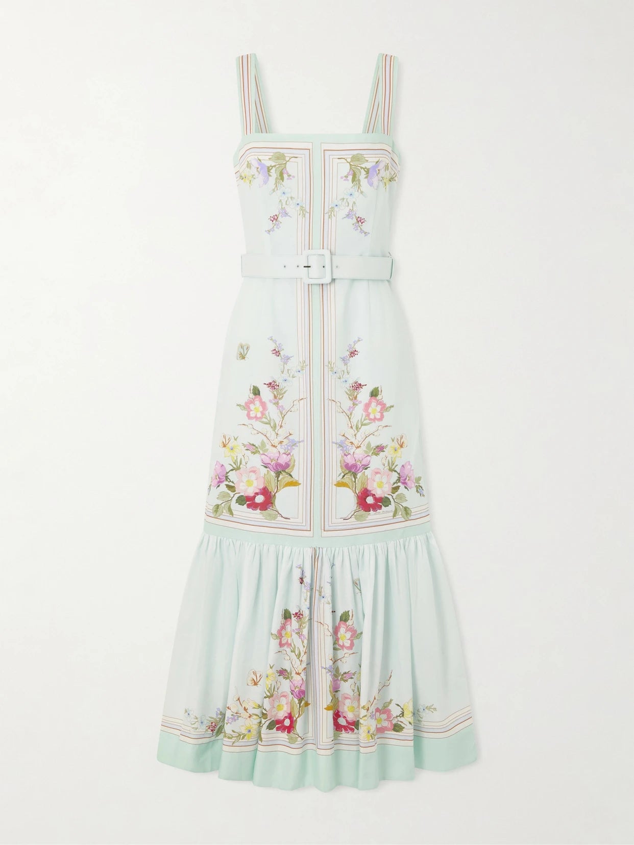 Image of Dresses. Product name - Belted Floral-print Linen And Cotton-blend Midi Dress in Green colour by brand - Self-Portrait