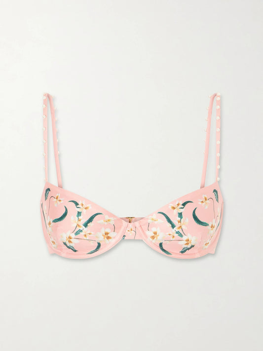 Image of Swimwear. Product name - Magdalena Promesa Embellished Floral-print Bikini Top in Pink colour by brand - Agua by Agua Bendita