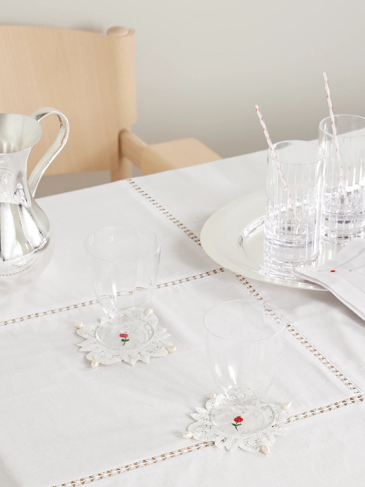 Image of Tableware. Product name - Set Of Two Pearl-embellished Embroidered Cotton-lace Coasters in White colour by brand - Gohar World