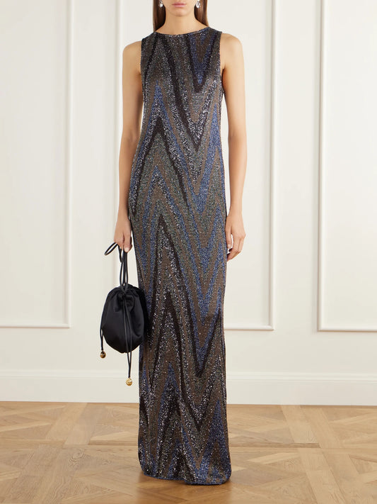 Image of Dresses. Product name - Sequin-embellished Striped Metallic Crochet-knit Maxi Dress in Multi colour by brand - Missoni
