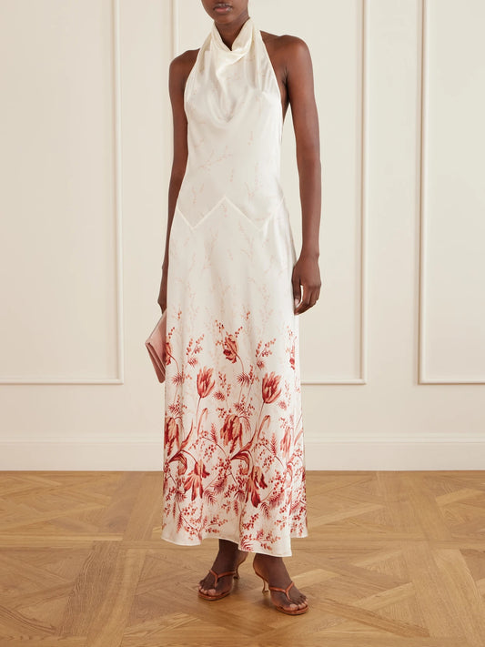 Image of Dresses. Product name - Ismerie Floral-print Silk Halterneck Maxi Dress in Multi colour by brand - DÔEN