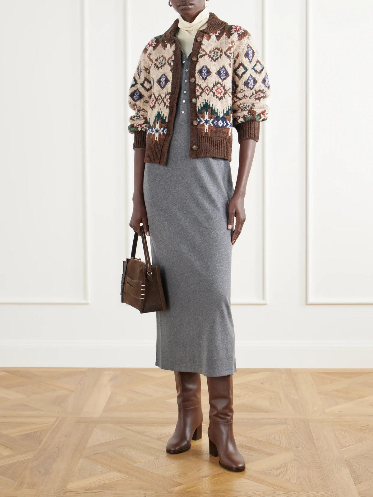 Image of a model wearing Outerwear. Product name - Fair Isle Wool And Cashmere-blend Jacquard Cardigan in Taupe colour by brand - Polo Ralph Lauren
