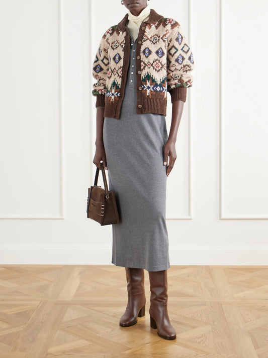 Image of a model wearing Outerwear. Product name - Fair Isle Wool And Cashmere-blend Jacquard Cardigan in Taupe colour by brand - Polo Ralph Lauren