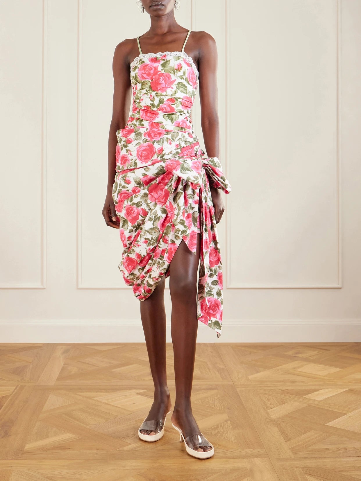 Image of Swimwear. Product name - Bow-detailed Ruched Lace-trimmed Floral-print Swimsuit in White colour by brand - Chloé