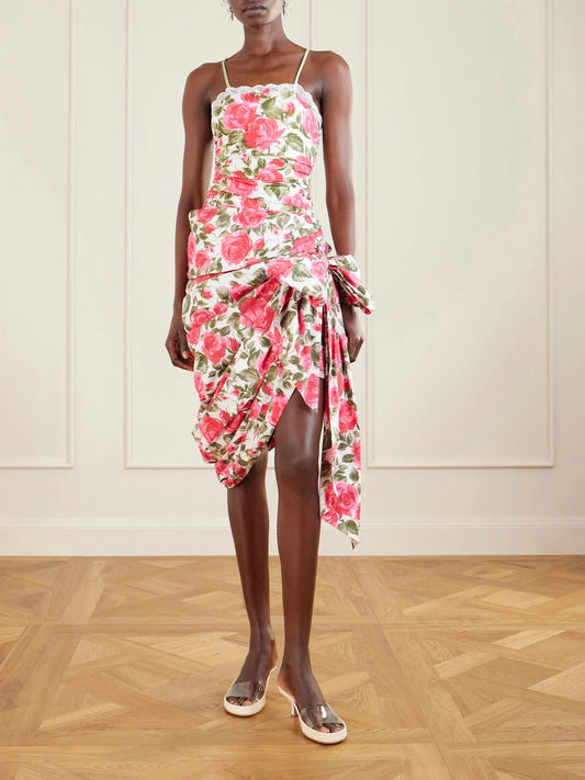 Image of Swimwear. Product name - Bow-detailed Ruched Lace-trimmed Floral-print Swimsuit in White colour by brand - Chloé