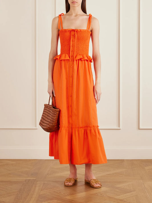 Image of Dresses. Product name - Alberica Ruffled Tiered Shirred Cotton-poplin Midi Dress in Orange colour by brand - Loretta Caponi