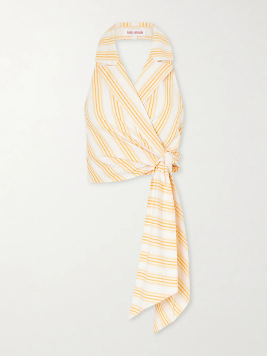 Wrapped Up Tie-detailed Striped Cotton Halterneck Blouse