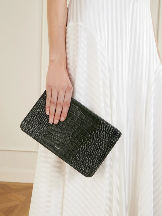 Image of Bags. Product name - Threefold Croco-embossed Leather Clutch in Dark green colour by brand - TOTEME