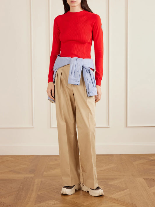 Image of a model wearing Tops. Product name - Appliquéd Ribbed-knit T-shirt in Red colour by brand - Moncler Grenoble