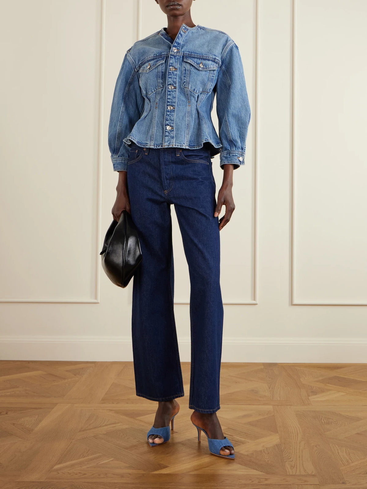 Image of Heels. Product name - Elle 70 Denim Sandals in Mid denim colour by brand - Gianvito Rossi