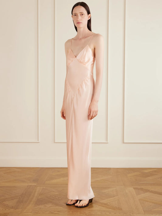 Image of Dresses. Product name - Aire Silk-satin Maxi Dress in Pastel pink, Green colour by brand - AFLALO