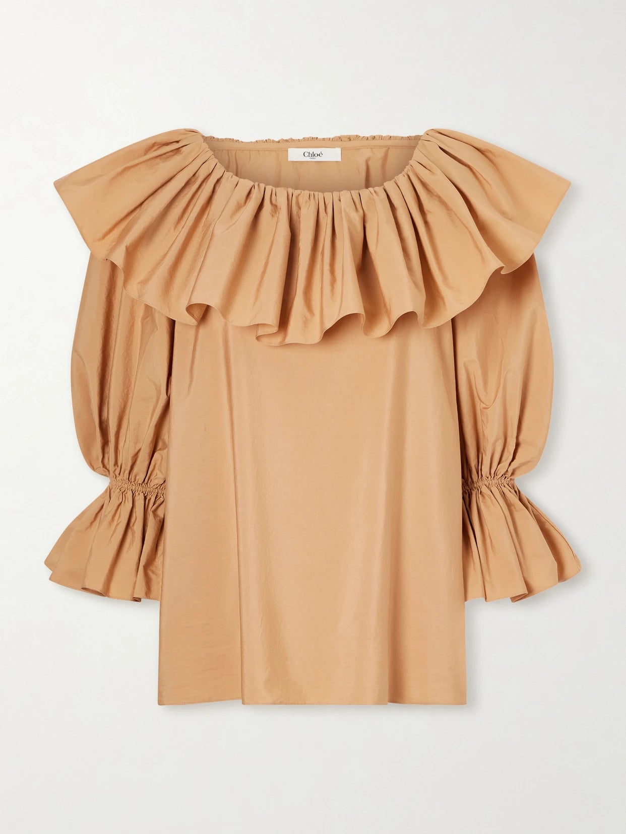 Image of a model wearing Tops. Product name - Ruffled Cotton-poplin Top in Beige colour by brand - Chloé