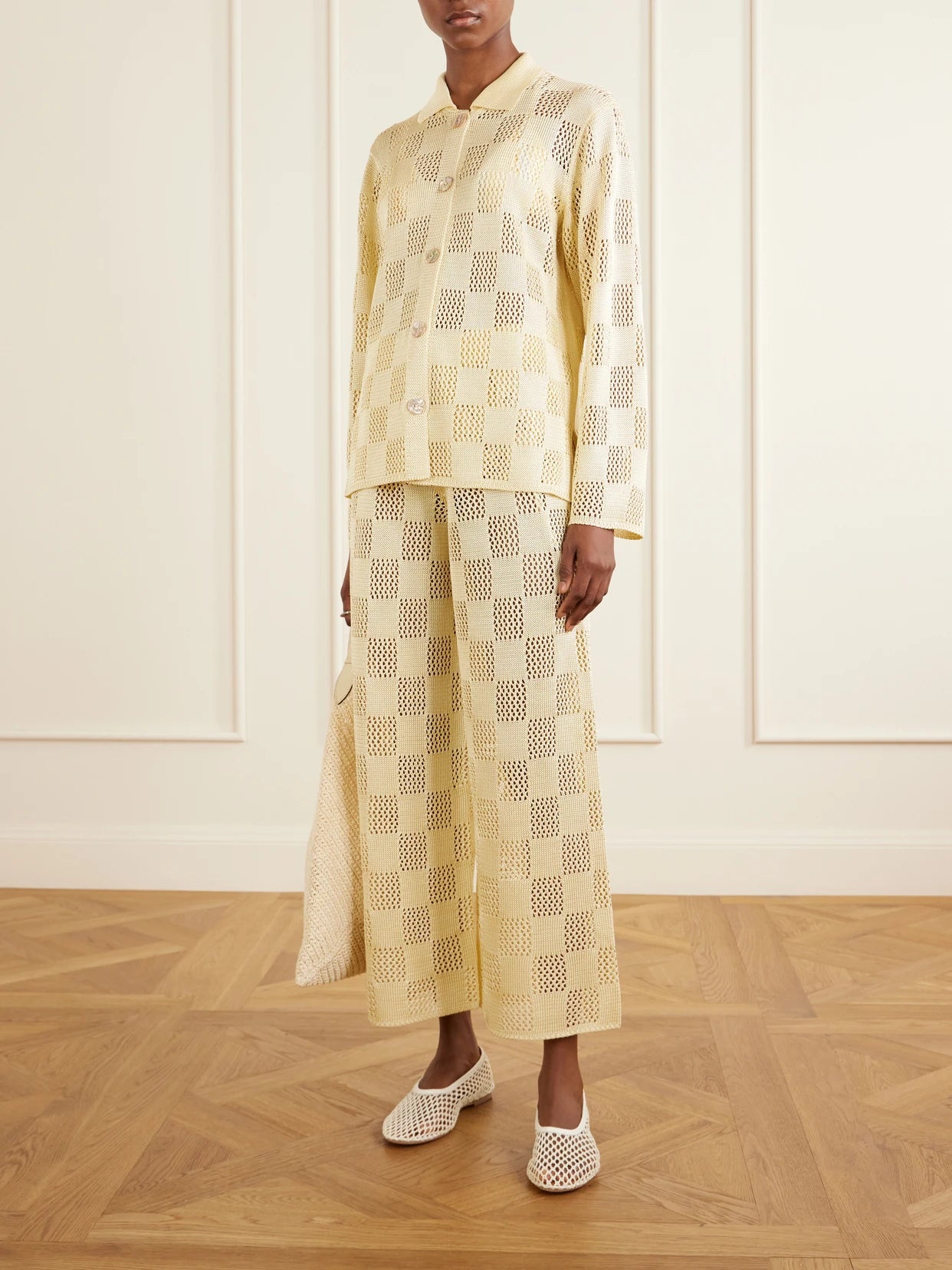 Image of Cardigans. Product name - Checked Woven Cardigan in Pastel yellow colour by brand - Calle Del Mar
