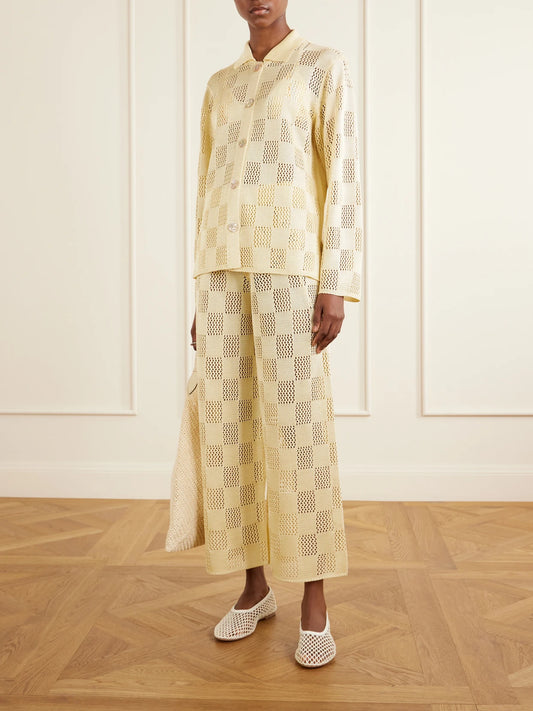 Image of Cardigans. Product name - Checked Woven Cardigan in Pastel yellow colour by brand - Calle Del Mar