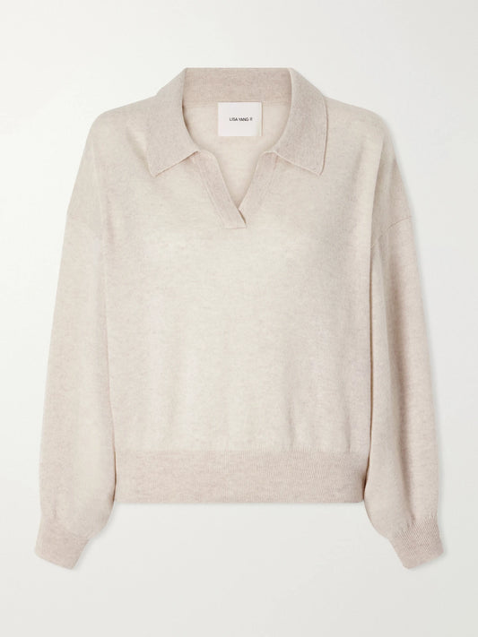 Image of a model wearing Outerwear. Product name - Katriel Cashmere Polo Sweater in Cream colour by brand - LISA YANG