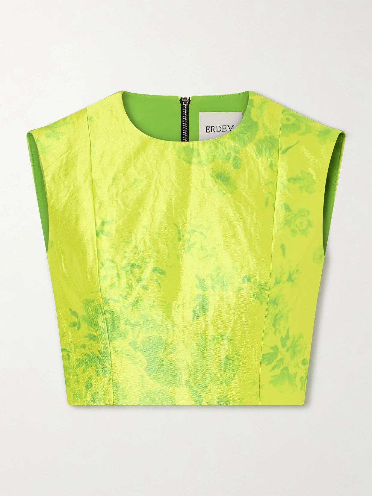 Image of a model wearing Tops. Product name - Floral-print Crinkled-satin Top in Lime green colour by brand - Erdem