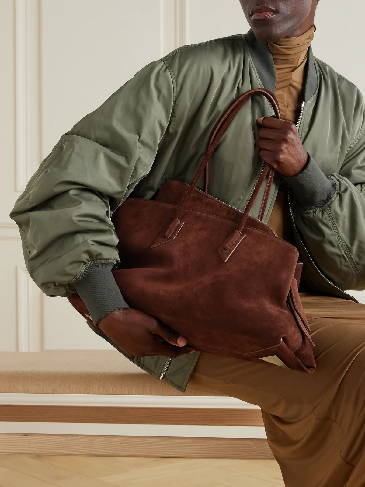 Image of Bags. Product name - La Passeggiata Medium Asymmetric Suede Tote in Brown colour by brand - The Attico
