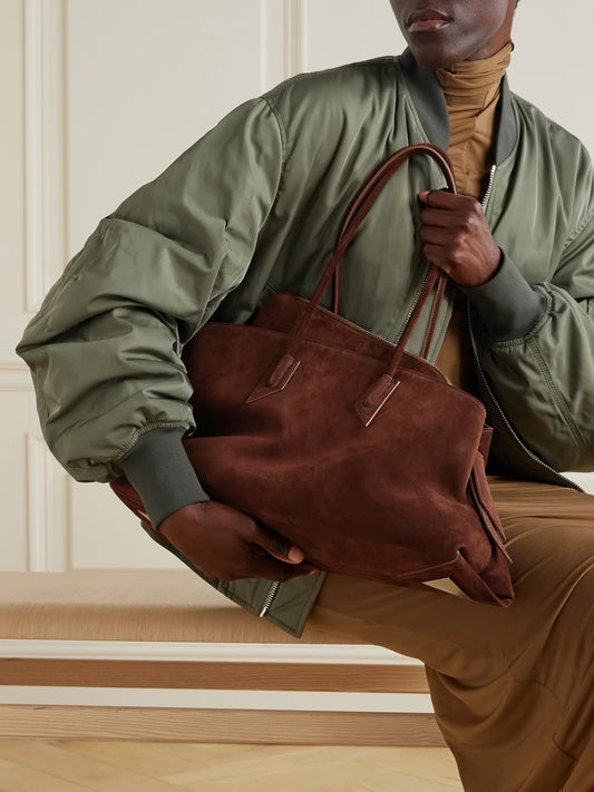 Image of Bags. Product name - La Passeggiata Medium Asymmetric Suede Tote in Brown colour by brand - The Attico