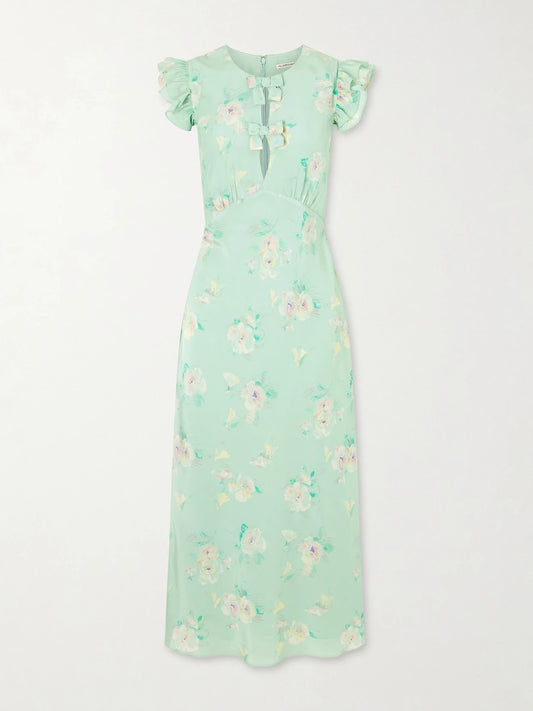 Image of Dresses. Product name - Floral-print Ruffle-trim Silk Midi Dress in Green colour by brand - Alessandra Rich