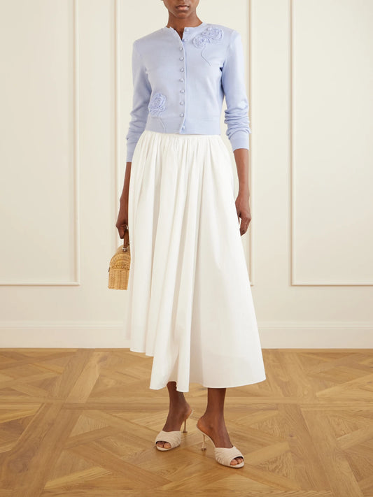 Image of a model wearing Outerwear. Product name - Appliquéd Knitted Cardigan in Blue colour by brand - Self-Portrait