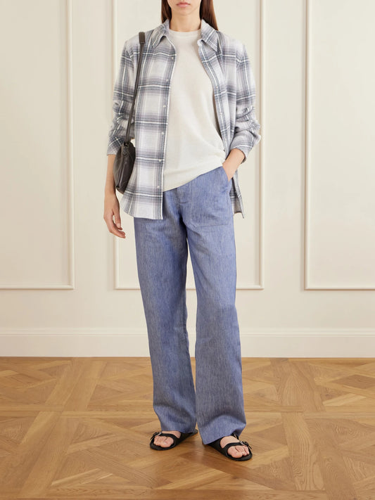 Image of a model wearing Tops. Product name - Cloud Light Tartan Cashmere Shirt in Blue colour by brand - God's True Cashmere
