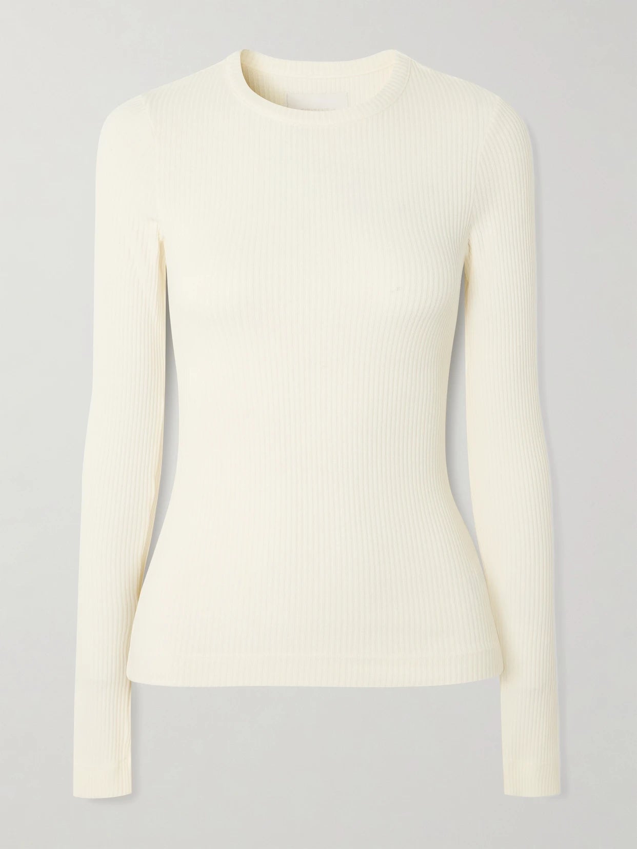 Image of a model wearing Tops. Product name - Bina Ribbed Stretch-lyocell And Organic Cotton-blend Top in Cream colour by brand - Citizens of Humanity