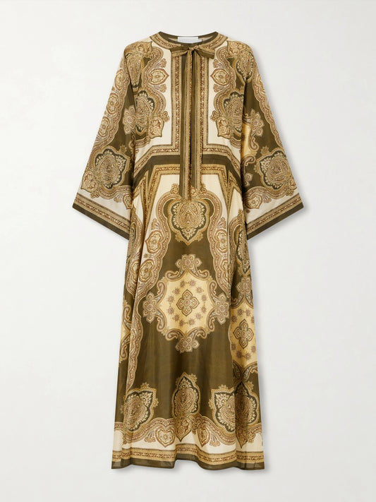 Image of Dresses. Product name - Mahon Printed Silk-satin Midi Dress in Green colour by brand - Zimmermann