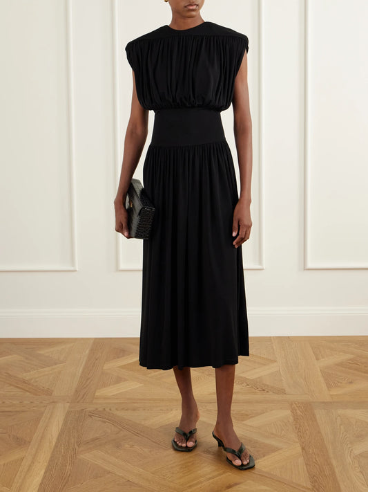 Image of Dresses. Product name - Fran Gathered Crepe Midi Dress in Black colour by brand - Anine Bing