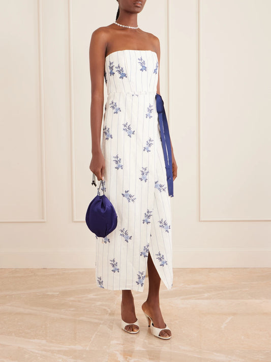 Image of Dresses. Product name - Cinefila Striped Embellished Linen Midi Dress in Cream colour by brand - Agua by Agua Bendita