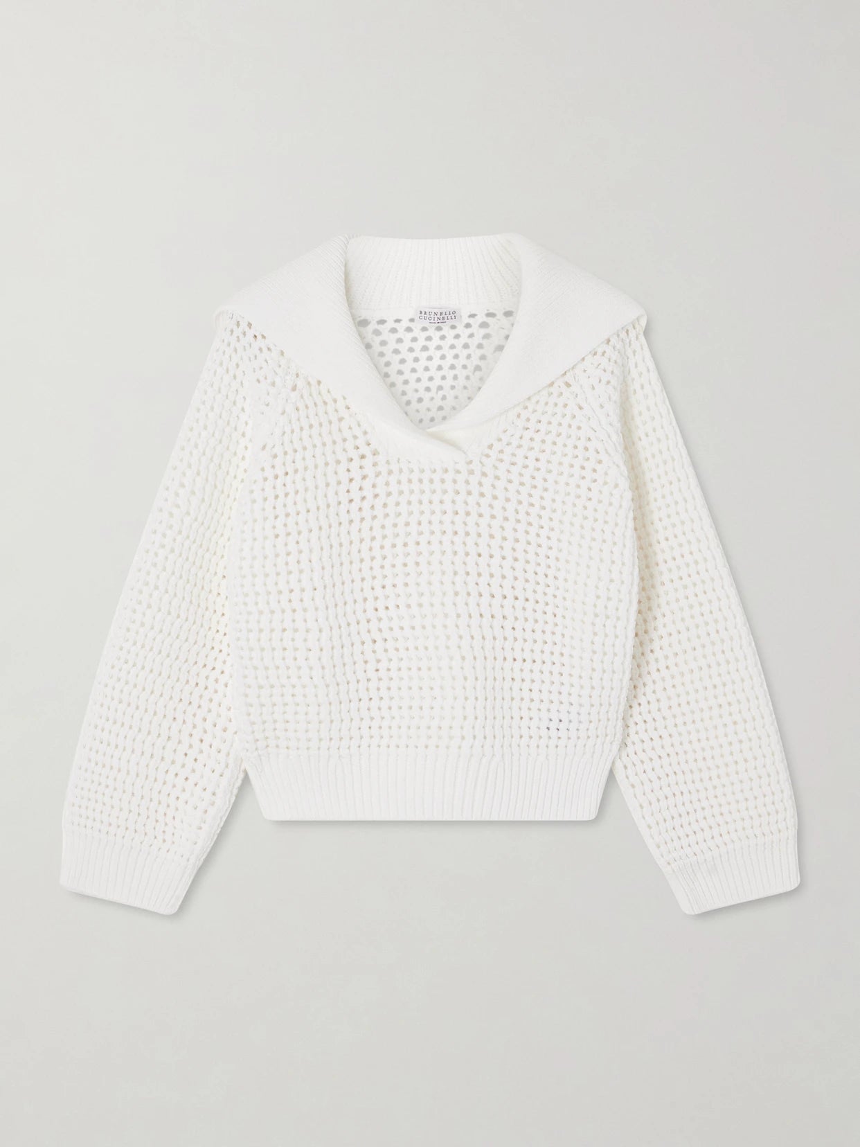 Image of a model wearing Outerwear. Product name - Open-knit Cotton-blend Sweater in White colour by brand - Brunello Cucinelli