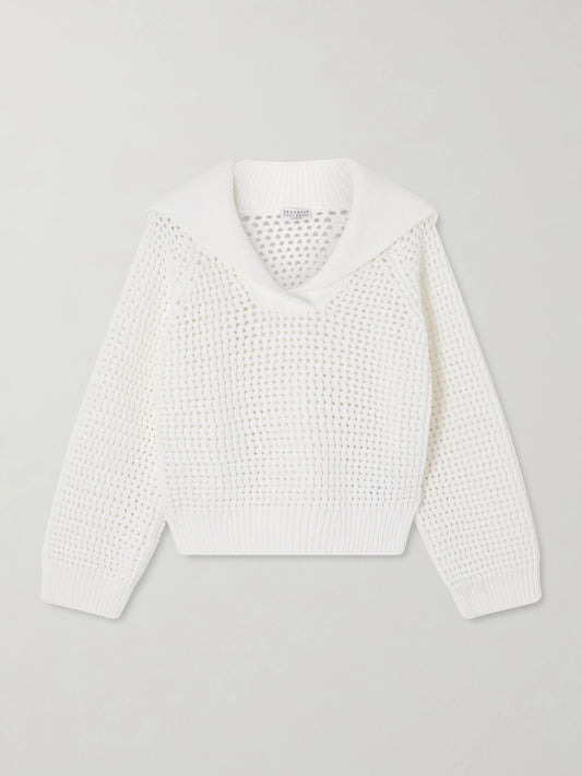 Image of a model wearing Outerwear. Product name - Open-knit Cotton-blend Sweater in White colour by brand - Brunello Cucinelli