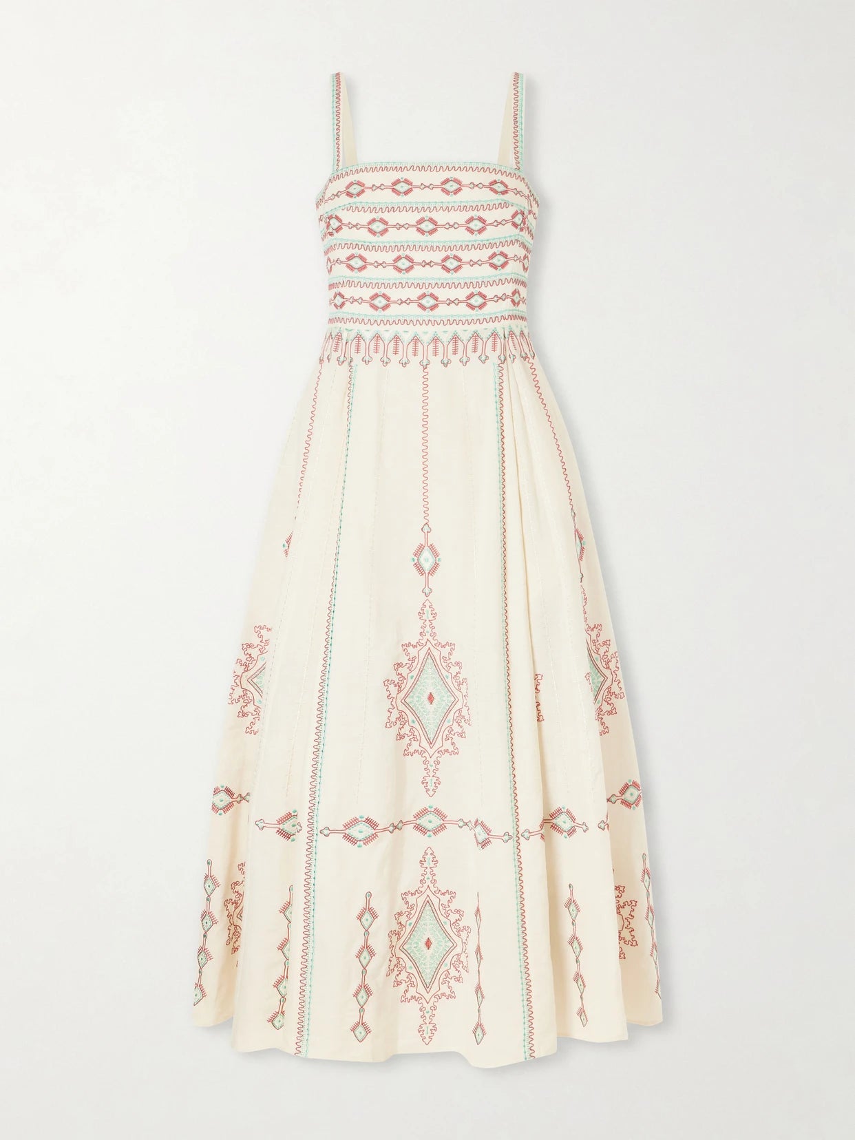 Image of Dresses. Product name - Aneeda Astragal Mare Embroidered Linen Cotton-blend Midi Dress in Cream colour by brand - Emporio Sirenuse