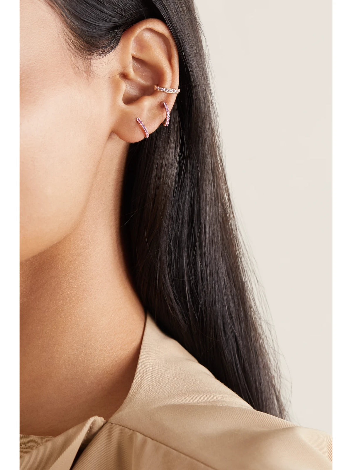 Image of Earrings. Product name - Huggies 18-karat Rose Gold Sapphire Earrings in Pink colour by brand - Anita Ko