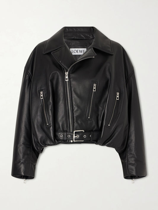 Image of Coats & Jackets. Product name - Cropped Buckled Leather Biker Jacket in Black colour by brand - LOEWE