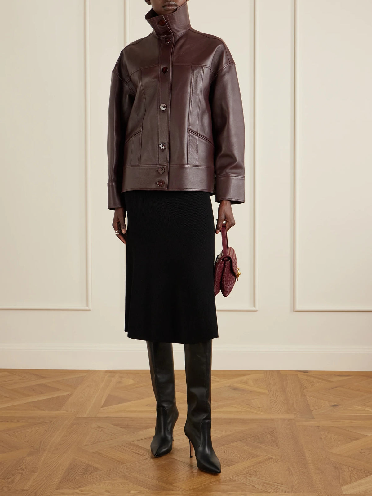Image of Coats & Jackets. Product name - Paneled Leather Jacket in Dark brown colour by brand - Galvan
