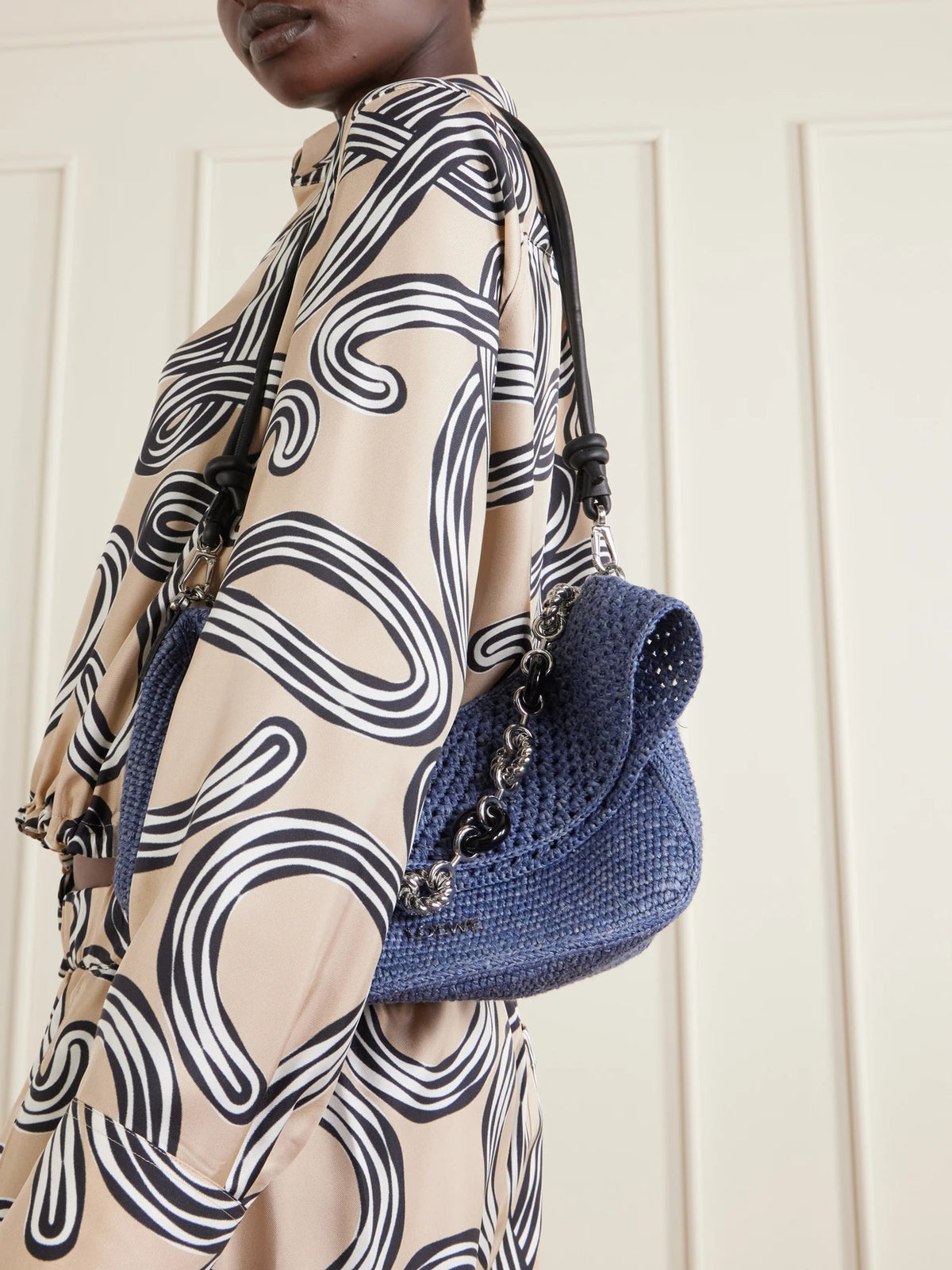 Image of Bags. Product name - + Paula's Ibiza Ola Embellished Leather-trimmed Raffia Shoulder Bag in Mid denim colour by brand - LOEWE